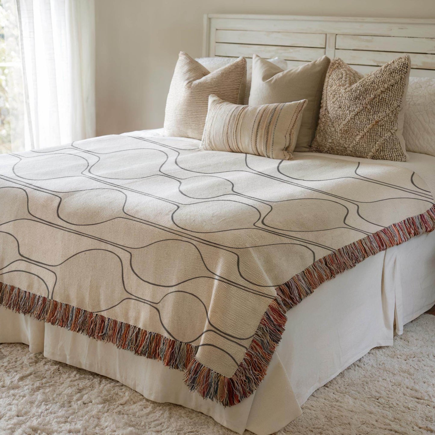 Mid Century Modern Throw Blanket - Woven Cotton with Geometric Pattern & Colorful Fringed Edges - timelessbohochic.com
