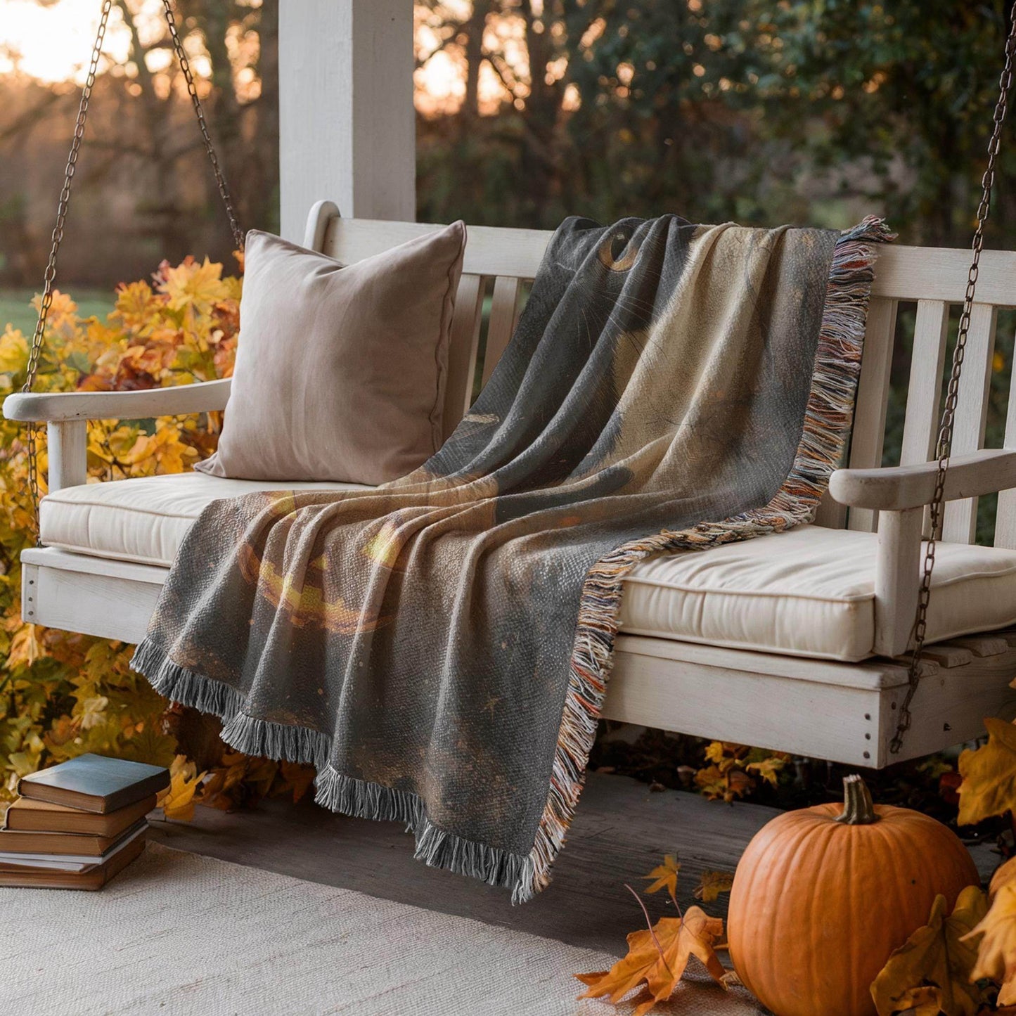 Halloween Woven Blanket - Black Cat Pumpkin Throw With Fringed Edge Cozy Decor - timelessbohochic.com