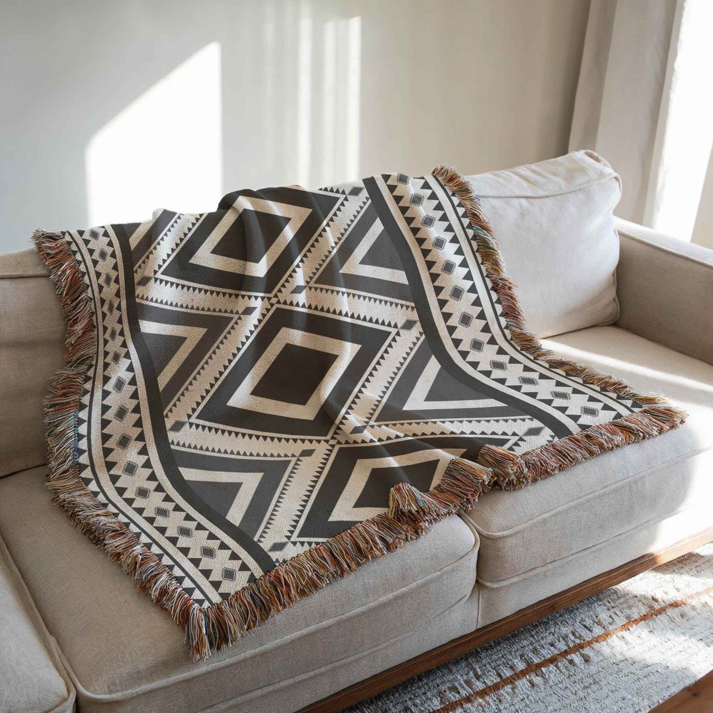 Navajo Cotton Throw Blanket - Geometric Design with Fringed Edge for Rustic Boho Decor - timelessbohochic.com