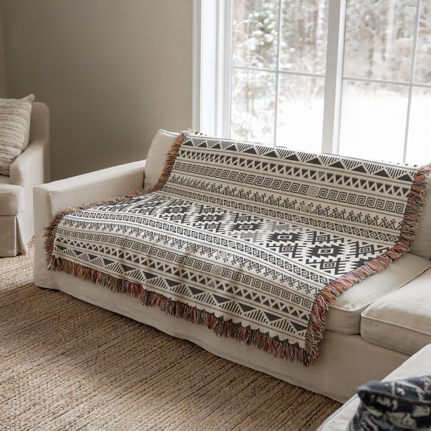 a cozy living room with a beige sofa and a patterned throw blanket draped over it. The blanket has a geometric design in shades of black and white, and it is placed on the sofa, which is positioned near a window. The room has a neutral color scheme, with the beige sofa and the patterned blanket adding visual interest to the space.