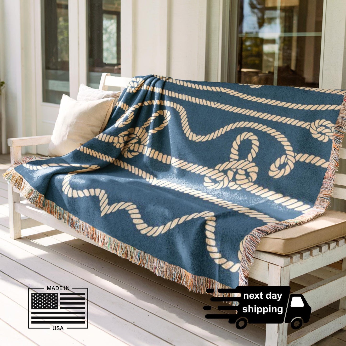 Marine Woven Blanket – Nautical Cord Throw With Colorful Fringed Edges