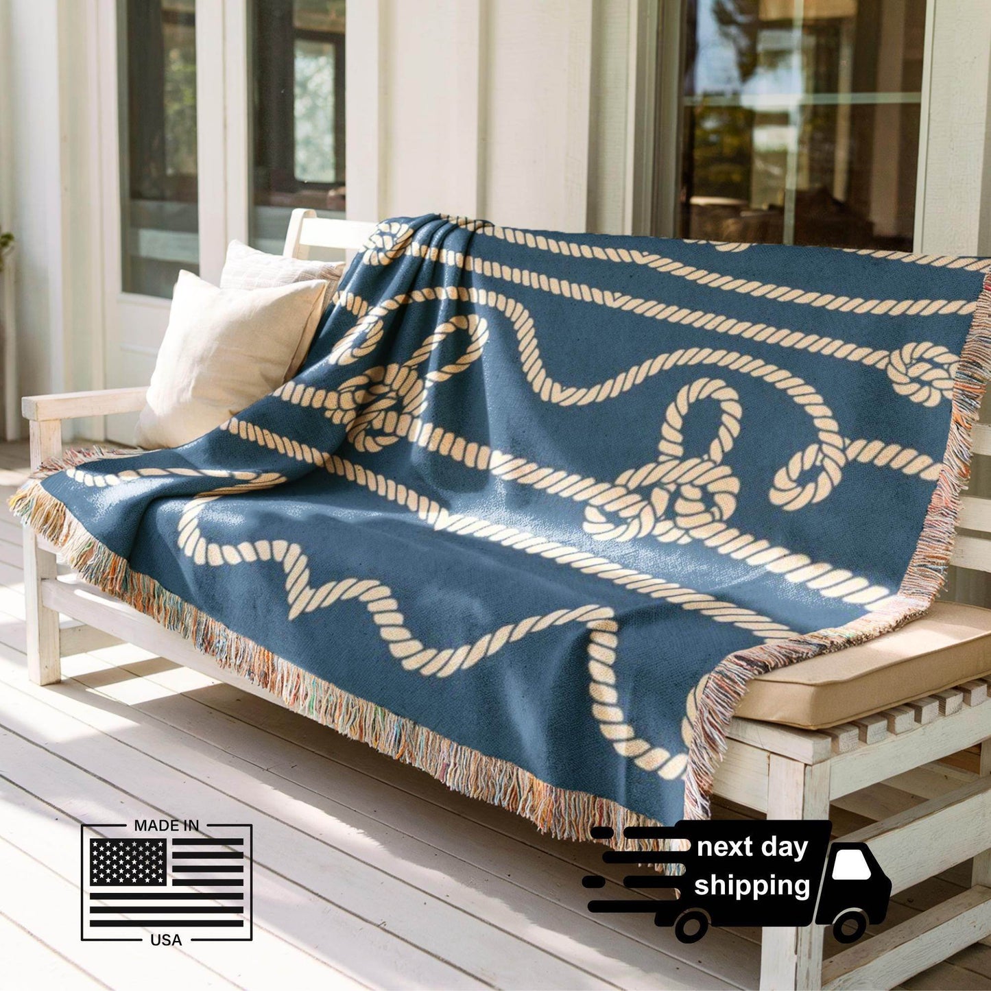 Marine Woven Blanket – Nautical Cord Throw With Colorful Fringed Edges - timelessbohochic.com