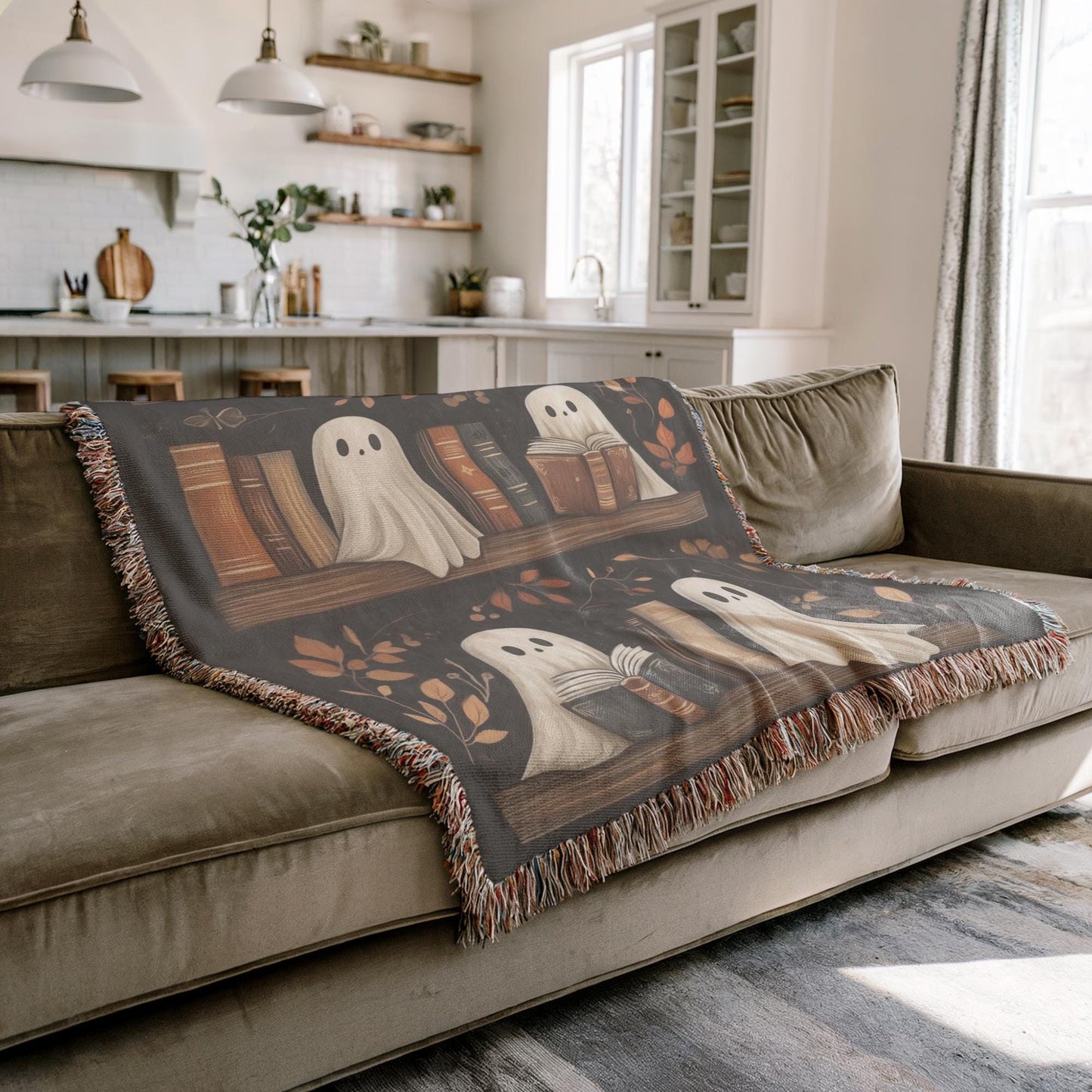 Halloween Blanket | Spooky Sofa Throw With Ghost Bookshelf Decor & Colorful Fringed Edges