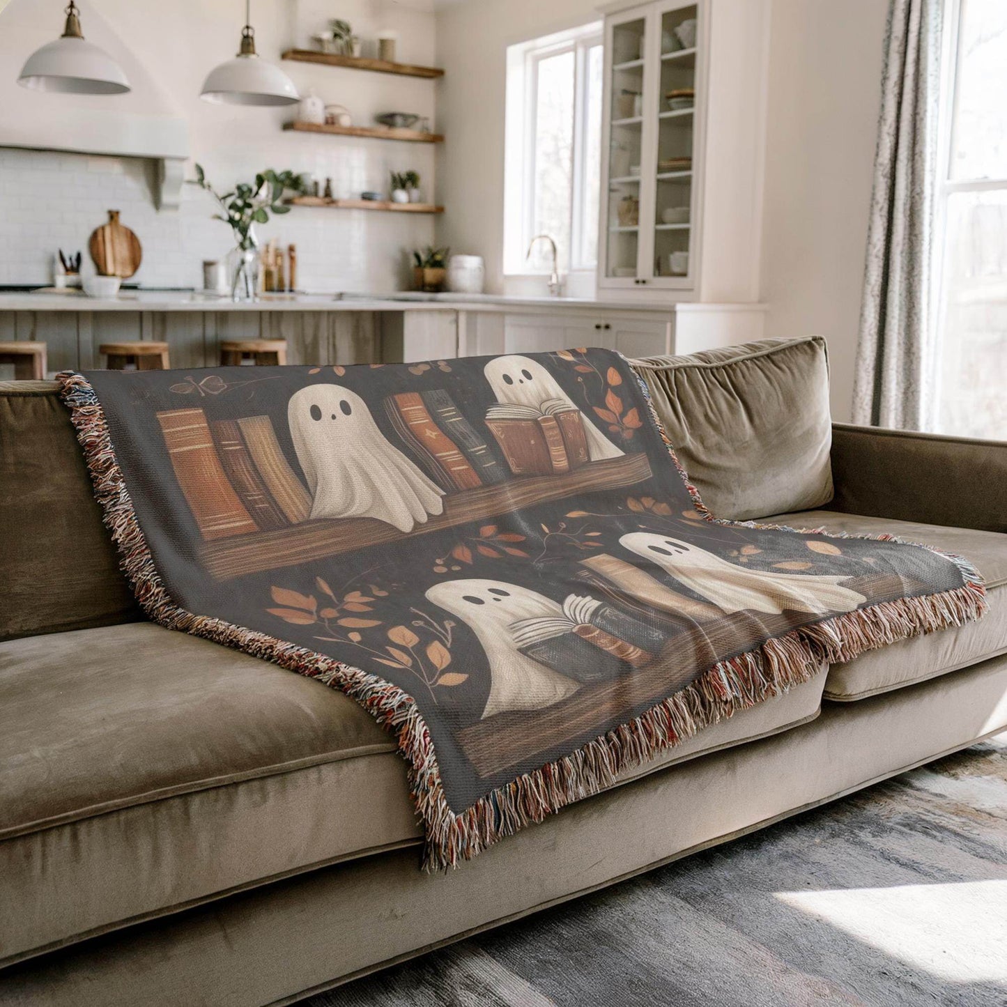 Halloween Blanket | Spooky Sofa Throw With Ghost Bookshelf Decor & Colorful Fringed Edges - timelessbohochic.com