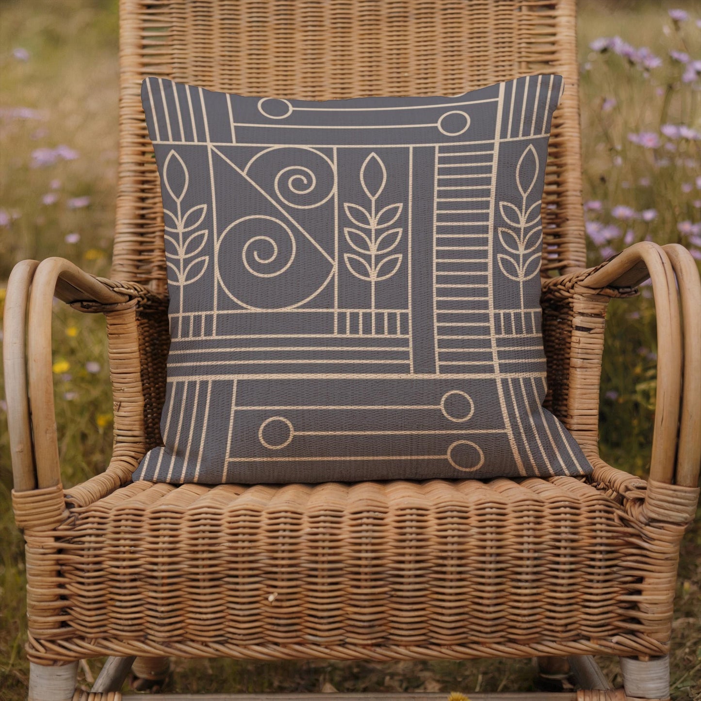 Woven Cushion Cover - Dark Blue Beige Geometric Pillow with Golden Accent
