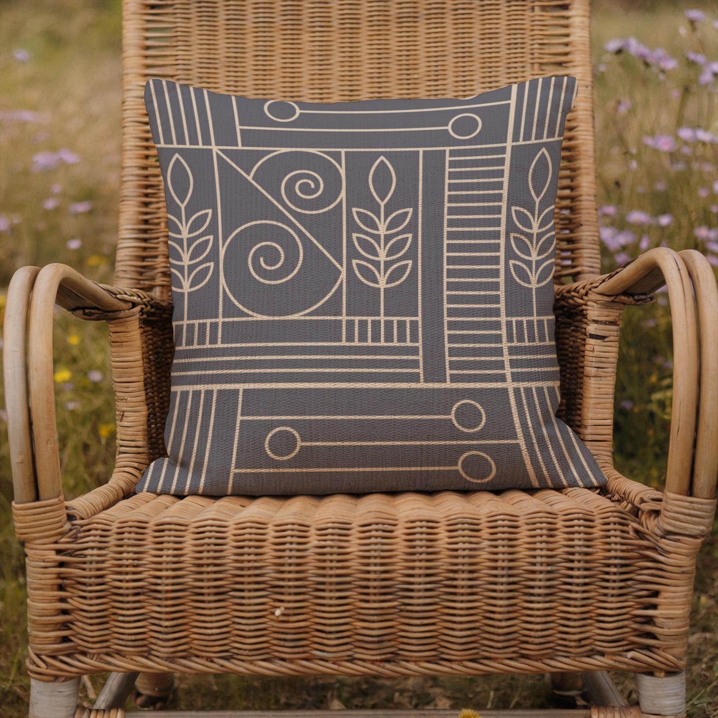 Woven Cushion Cover - Dark Blue Beige Geometric Pillow with Golden Accent - timelessbohochic.com
