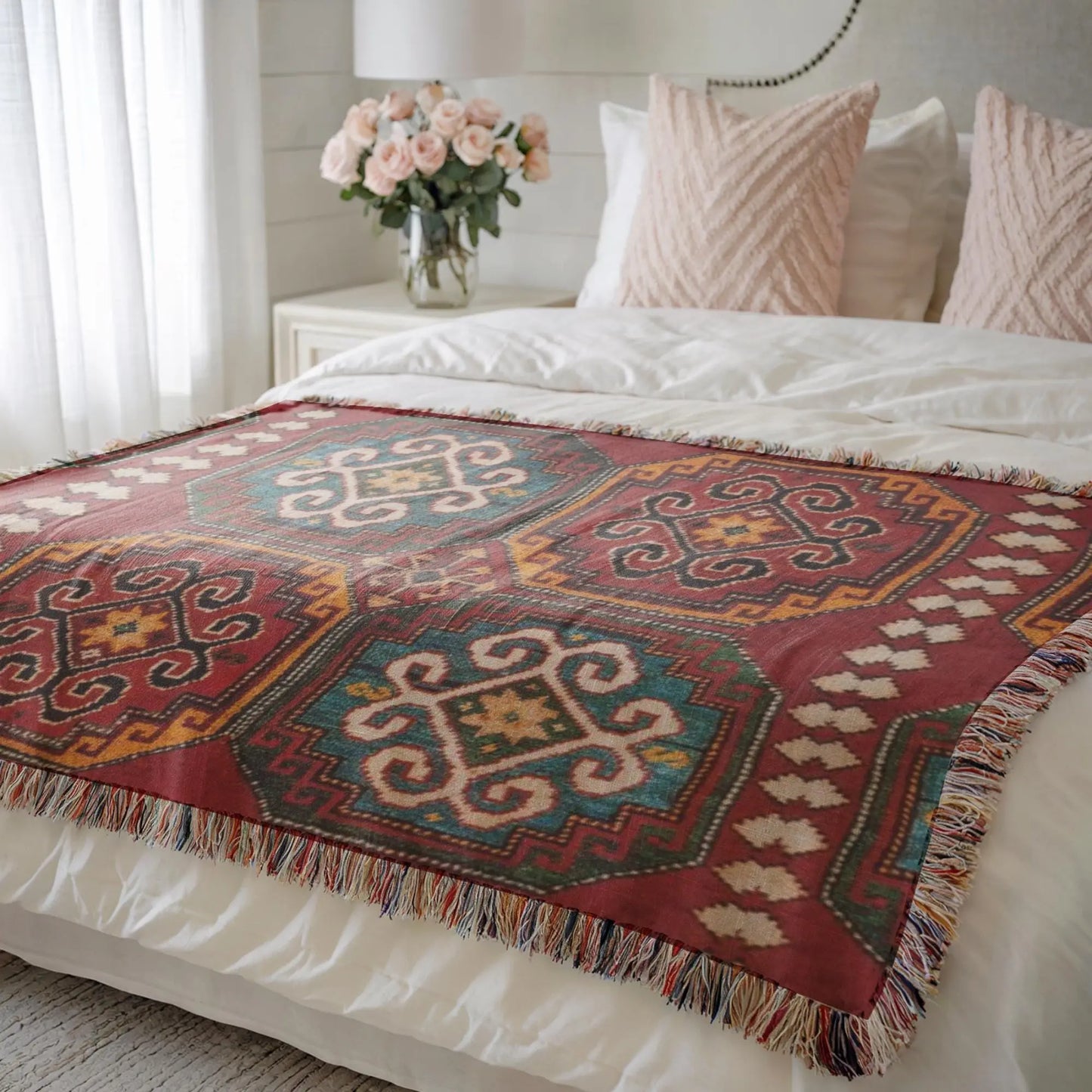 Woven Blanket - Turkish Throw With Anatolian Pattern & Colorful Fringed Edges