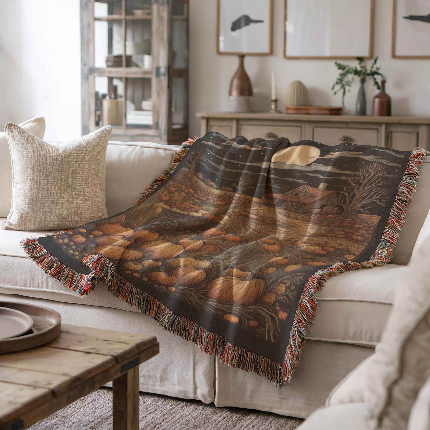 Autumn Cozy Cotton Throw – Soft Pumpkin Patch Blanket | Rustic Fall Decor - timelessbohochic.com