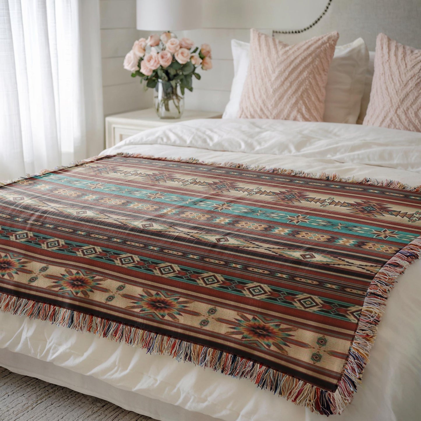 Navajo Pattern Bedding - Southwestern Bed Cover With Colorful Fringed Blanket