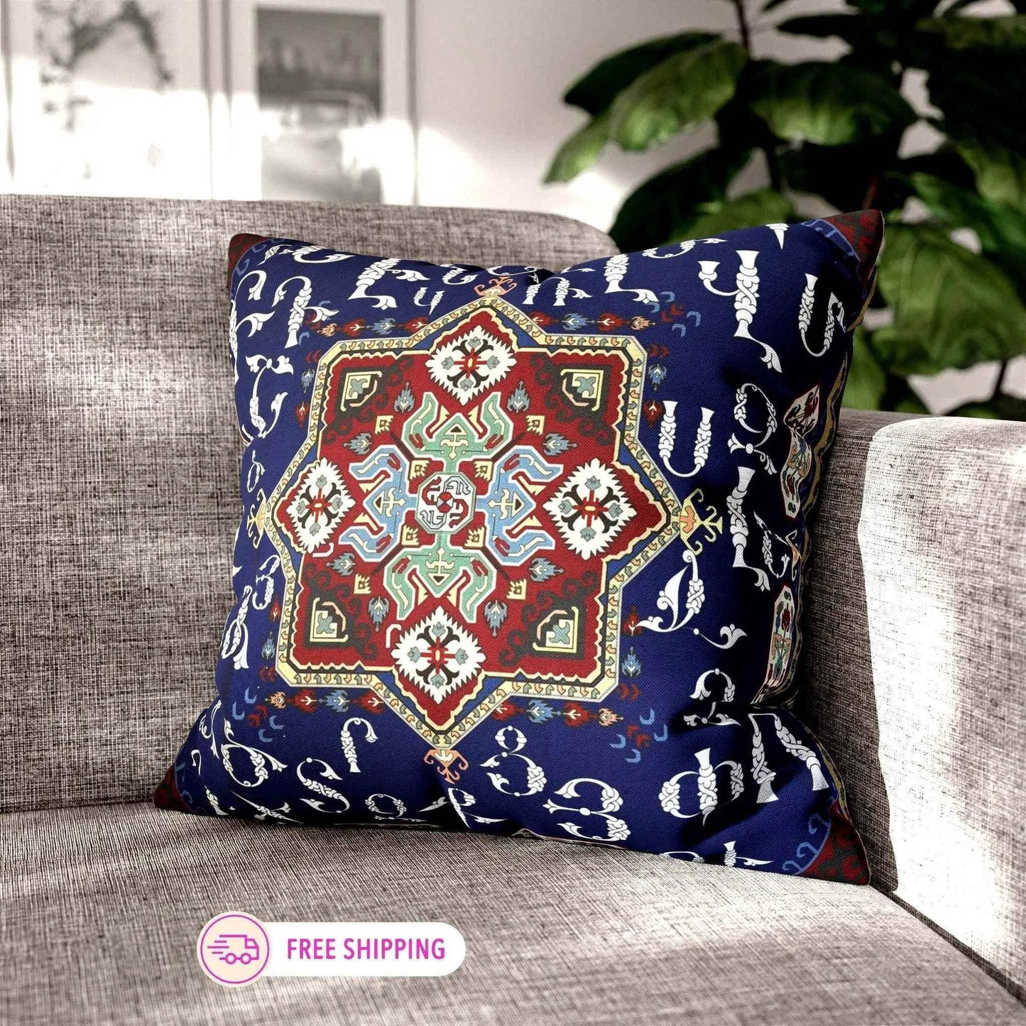 Armenian Alphabet Pillow - Blue White Square Pillow Cover | Boho Chic Decor Gift - timelessbohochic.com