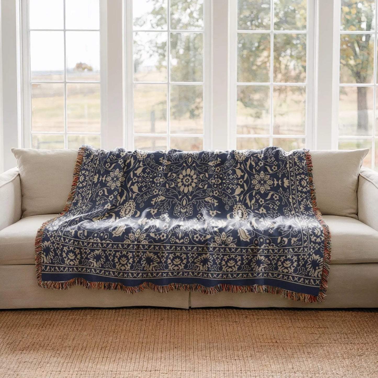 Persian Rug Throw - Boho Style Dark Blue Blanket | Handmade Woven Cotton Throw