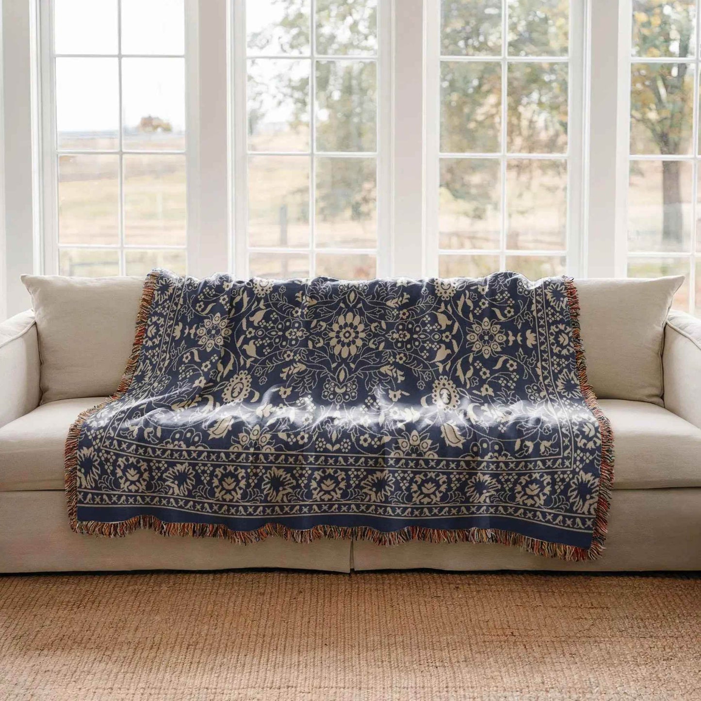 Persian Rug Throw - Boho Style Dark Blue Blanket | Handmade Woven Cotton Throw - timelessbohochic.com