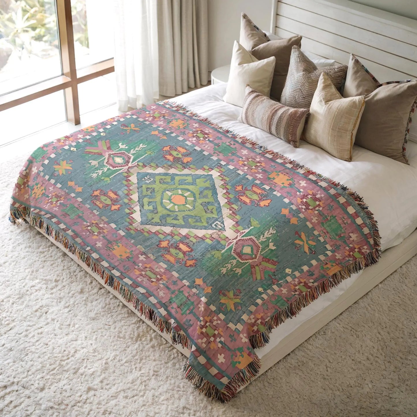 Cotton Throw Blanket – Persian Rug Throw With Colorful Fringed Edges | Boho Home Decor
