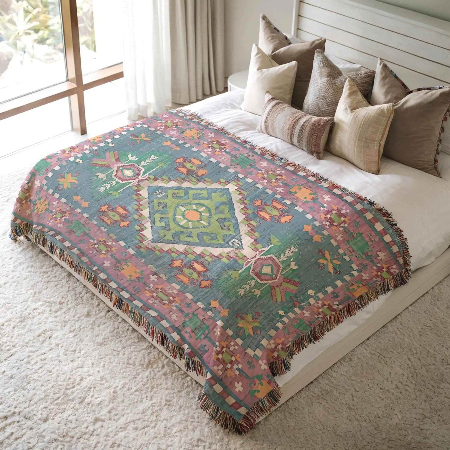 Persian Rug Throw Blanket - Colorful Cotton Fringed Blanket for Cozy Boho Home Decor - timelessbohochic.com