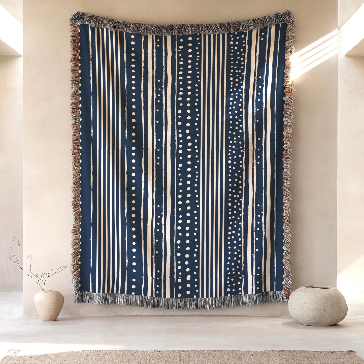 Cotton Throw Blanket – Woven Couch Throw With Blue & White Dots Pattern