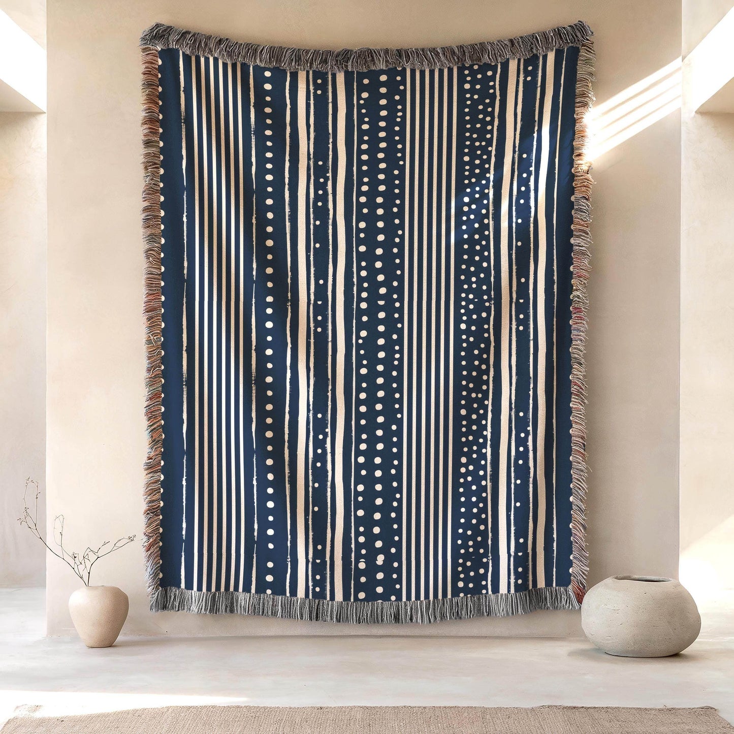 Cotton Throw Blanket – Woven Couch Throw With Blue & White Dots Pattern - timelessbohochic.com