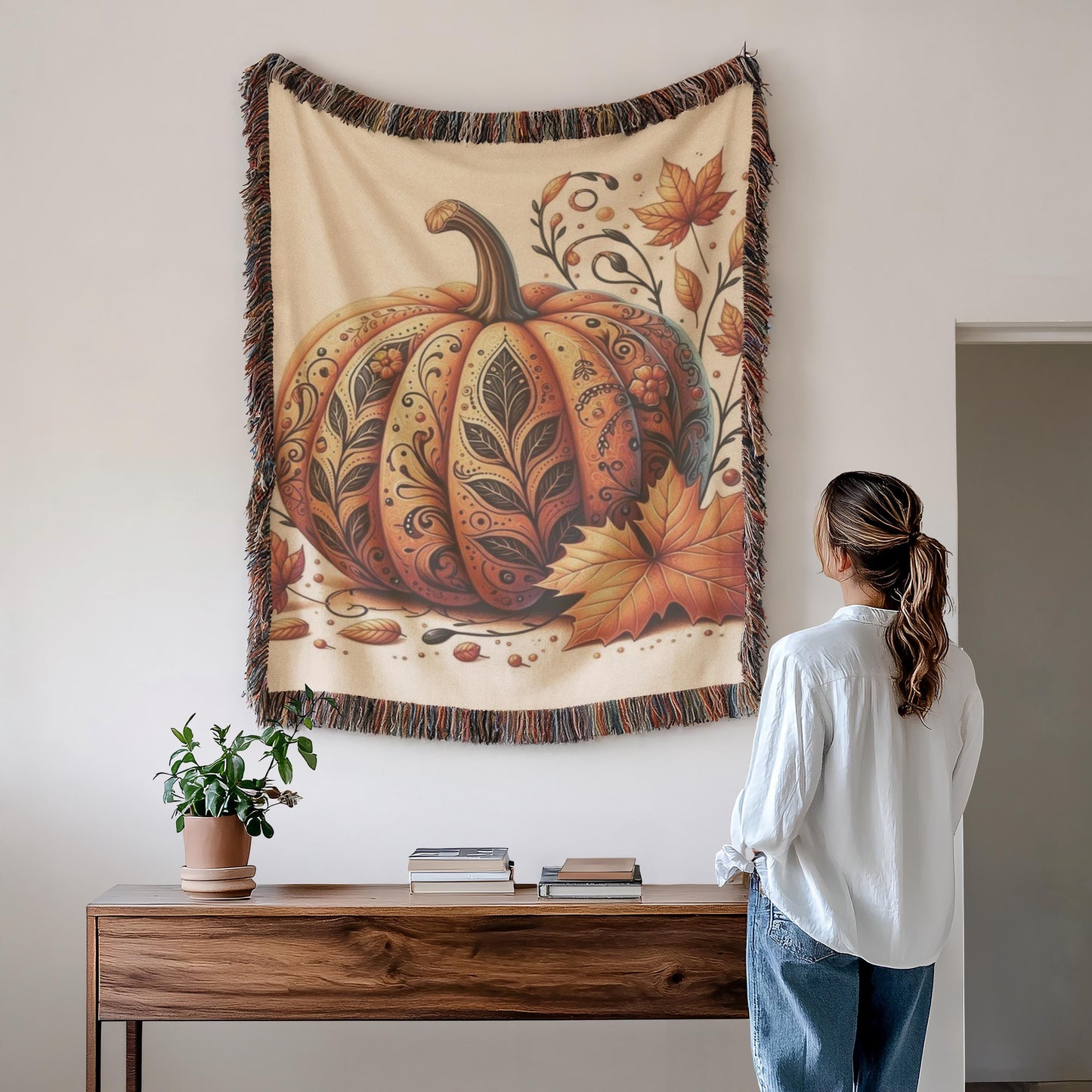 Thanksgiving Pumpkin Blanket - Woven Throw With Tattooed Pumpkin Design, Cozy Fall Decor