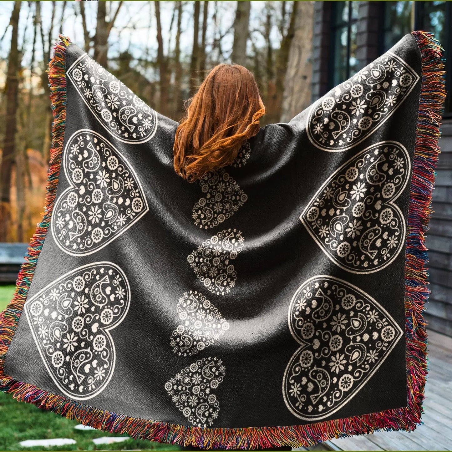 Cotton Woven Blanket – Scandinavian Throw With Scandi Hearts Pattern & Fringed Edges
