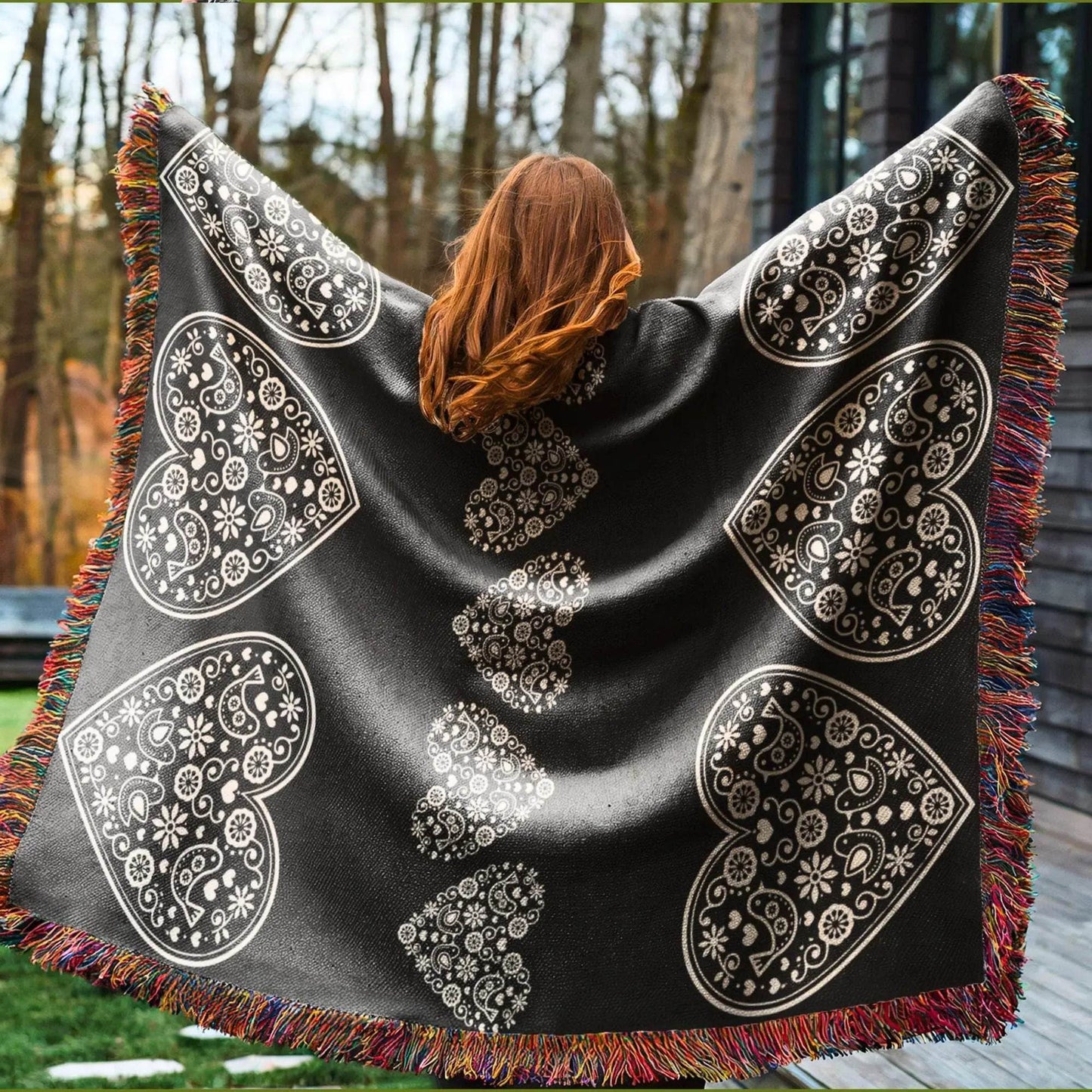 Cotton Woven Blanket – Scandinavian Throw With Scandi Hearts Pattern & Fringed Edges - timelessbohochic.com