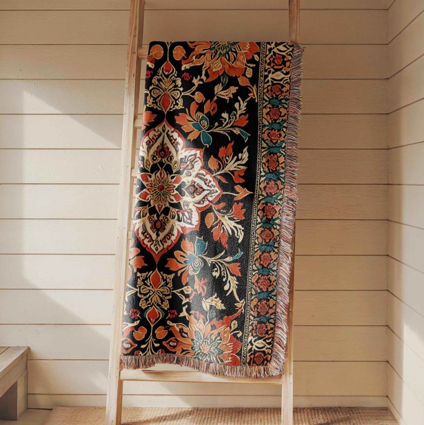 Persian Tapestry Wall Hanging - Orange Black Pattern Cozy Woven Tapestry - timelessbohochic.com
