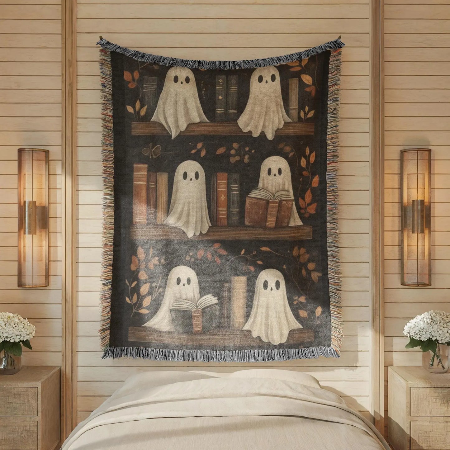 Halloween Tapestry Decor – Spooky Ghost Wall Art | Cozy Cotton Bookshelf Hanging