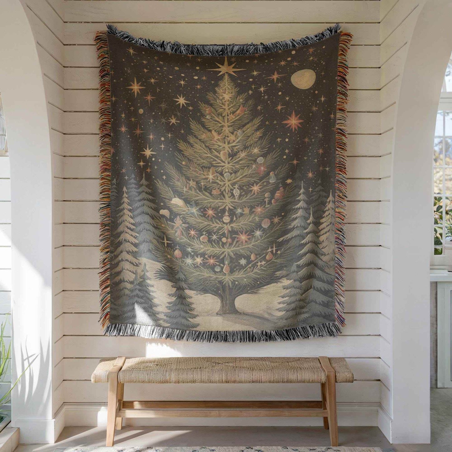 Christmas Tapestry Wall Hanging - Festive Forest Decor Woven Cotton Blanket - timelessbohochic.com