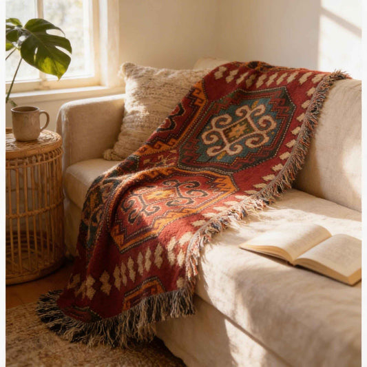 Moroccan Inspired woven blanket with woven pattern styled for layered home decor