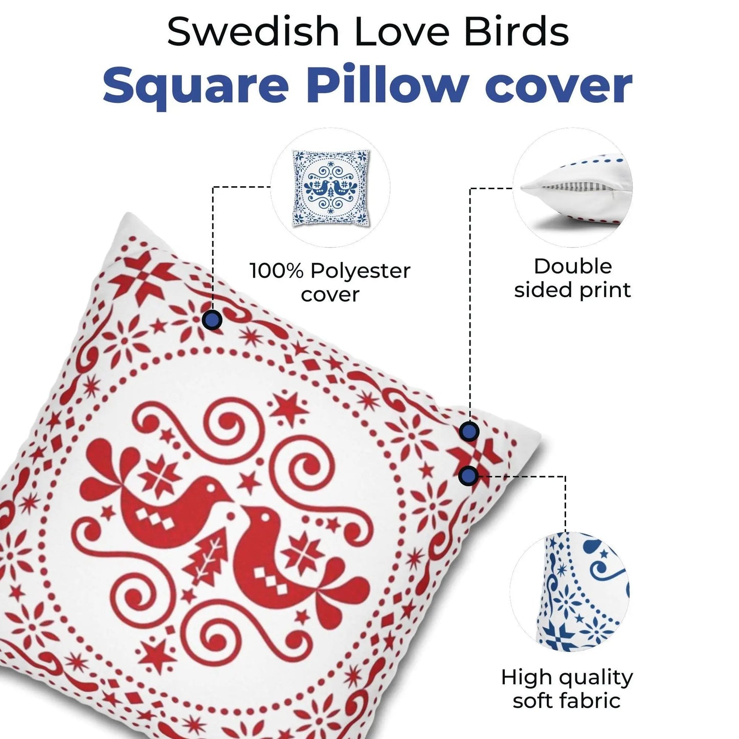 Scandinavian Pillowcase - Double Sided Folk Art Bird Throw Pillow Sham | Soft Polyester Fabric