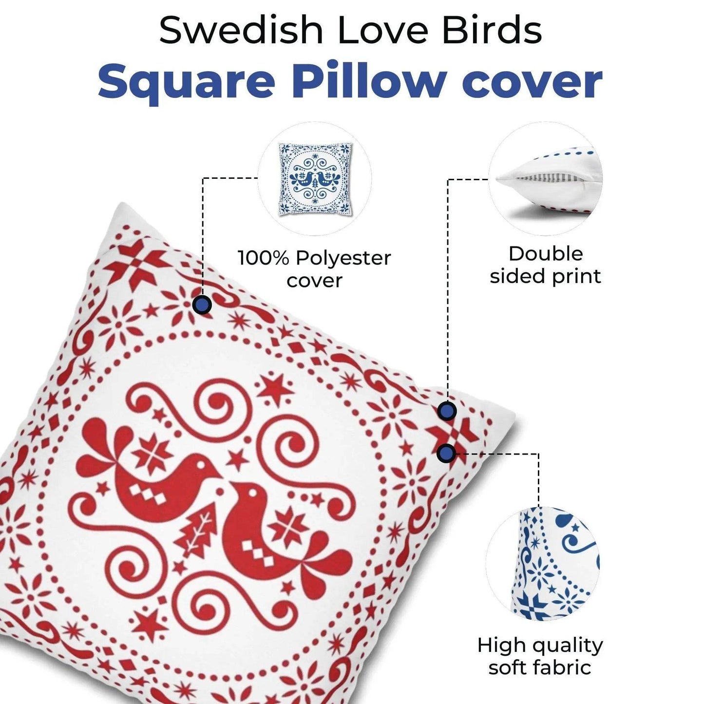 Scandinavian Pillowcase - Double Sided Folk Art Bird Throw Pillow Sham | Soft Polyester Fabric - timelessbohochic.com