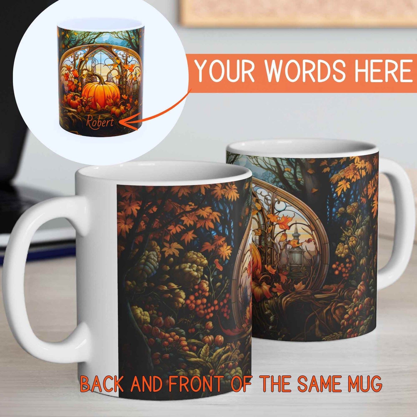 Fall Pumpkin Mug - Personalized Ceramic Mug With Stained Glass Design, 11oz - timelessbohochic.com