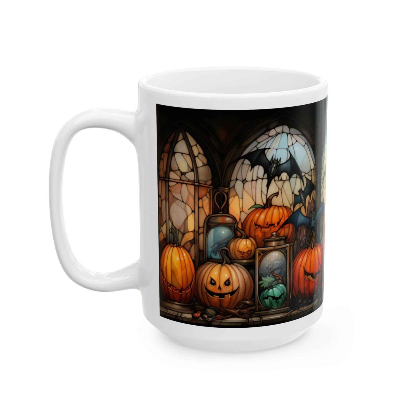 Halloween Coffee Mug - Cute Pumpkin Stained Glass Ceramic, 11oz Dishwasher Safe - timelessbohochic.com