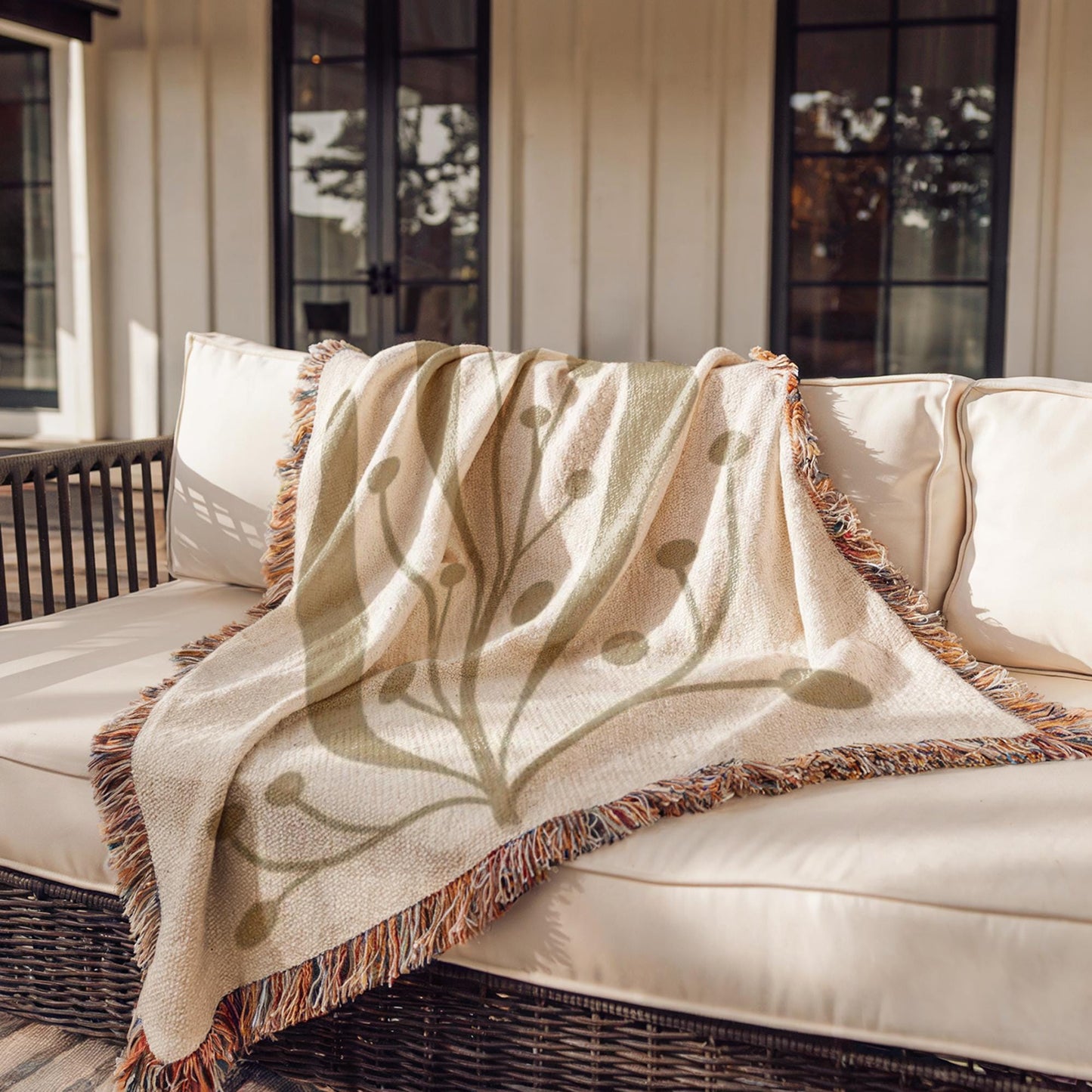 Mid Century Modern Throw Blanket - Linden Leaf Design Cotton Woven Throw for Garden Patio