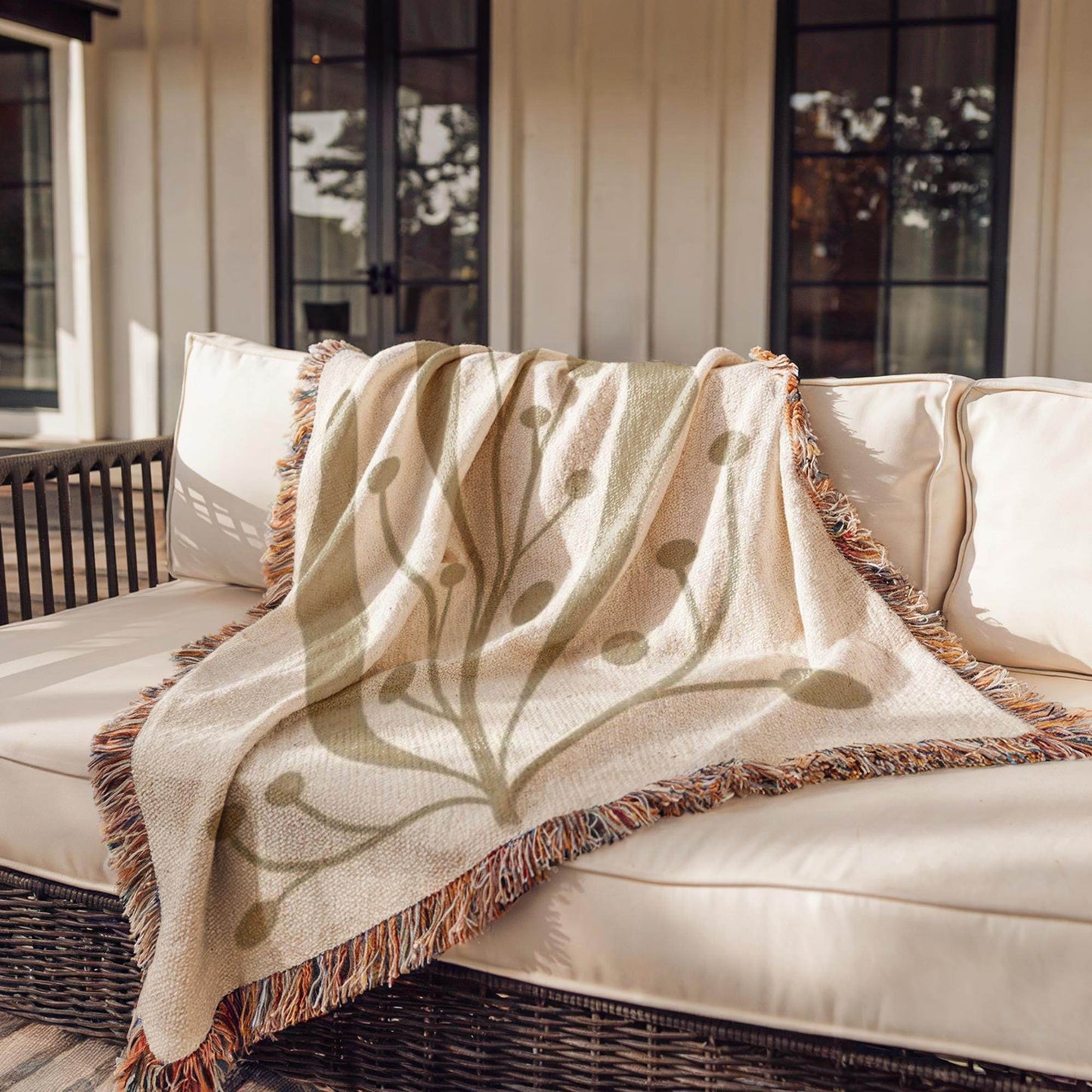 Mid Century Modern Throw Blanket - Linden Leaf Design Cotton Woven Throw for Garden Patio - timelessbohochic.com
