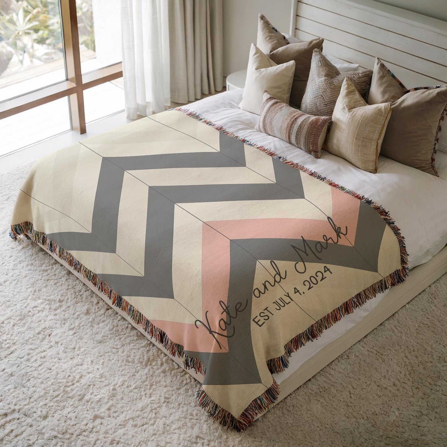 Personalized Throw Blanket - Custom Wedding Throw With Zigzag Chevron Design