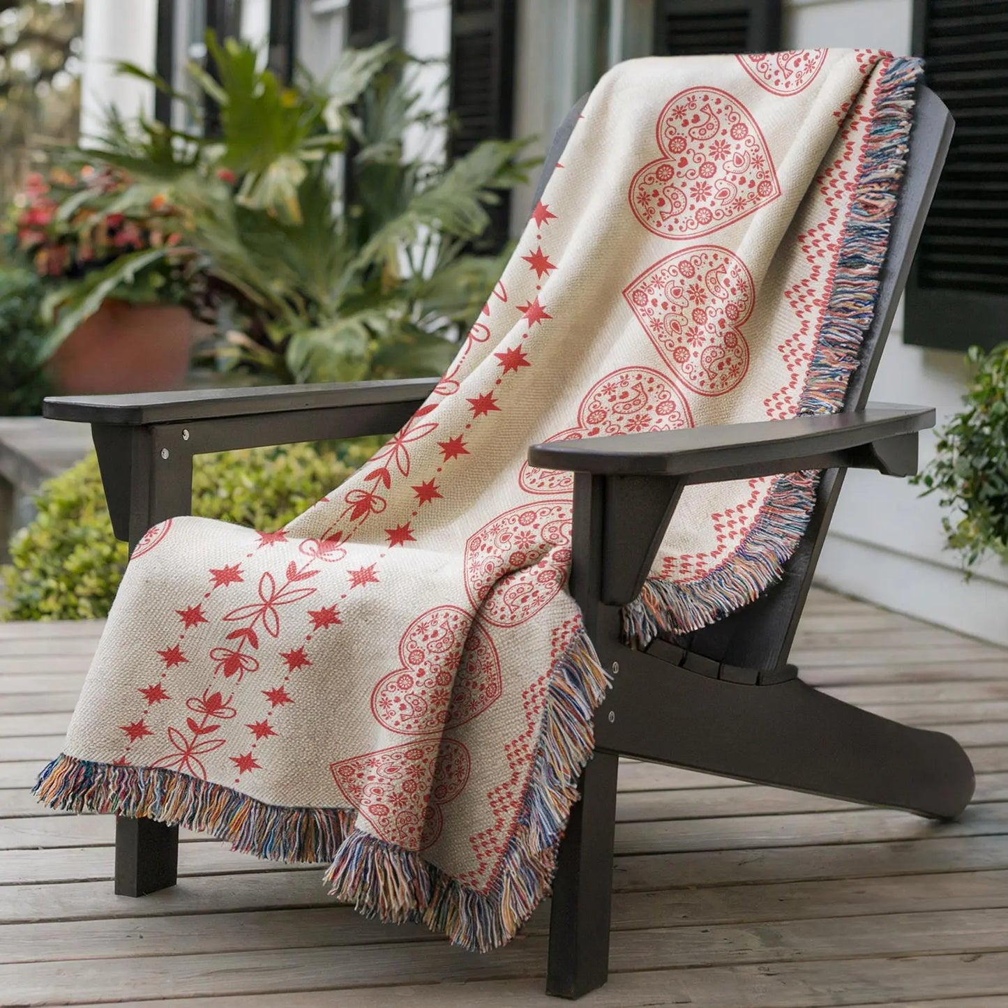 Scandi Heart Blanket – Woven Cotton Throw with Red Hearts | Cozy Nordic Gift