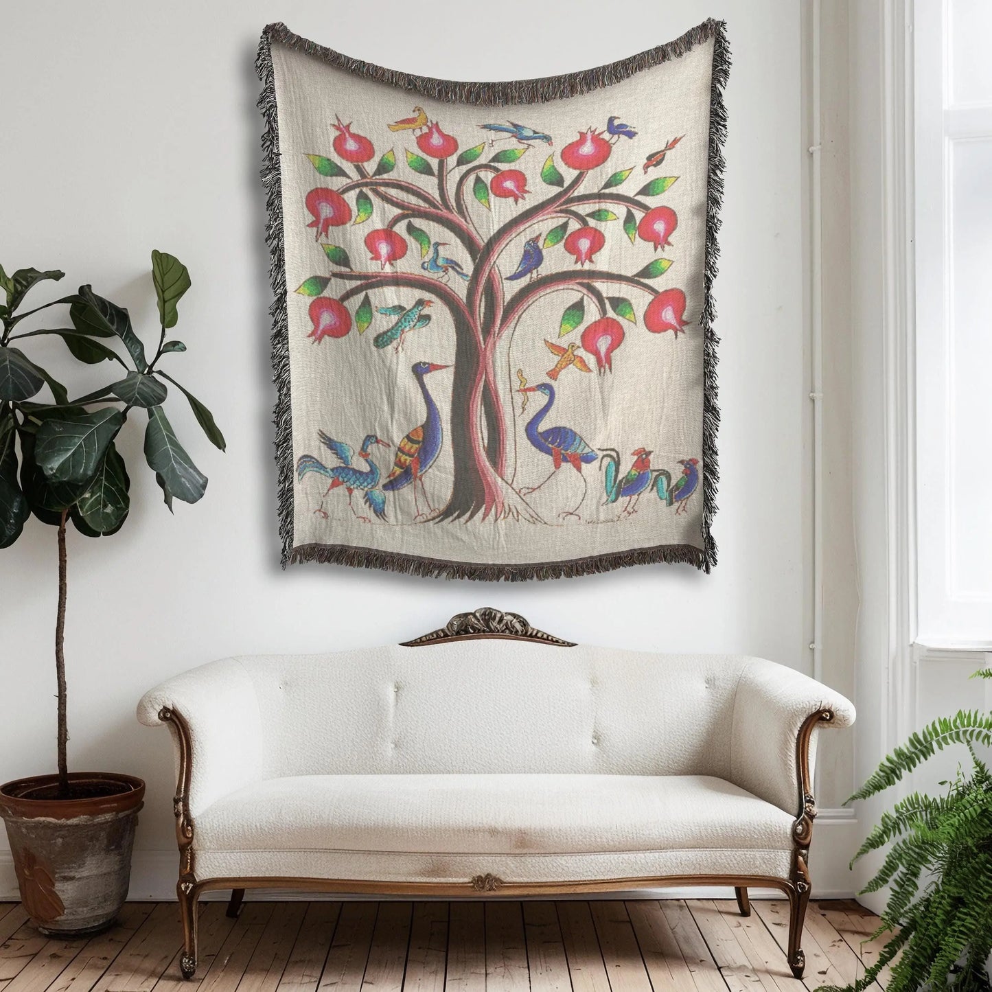 Armenian Tree of Life Blanket - Soft Cotton Woven Throw With Fringe Edge