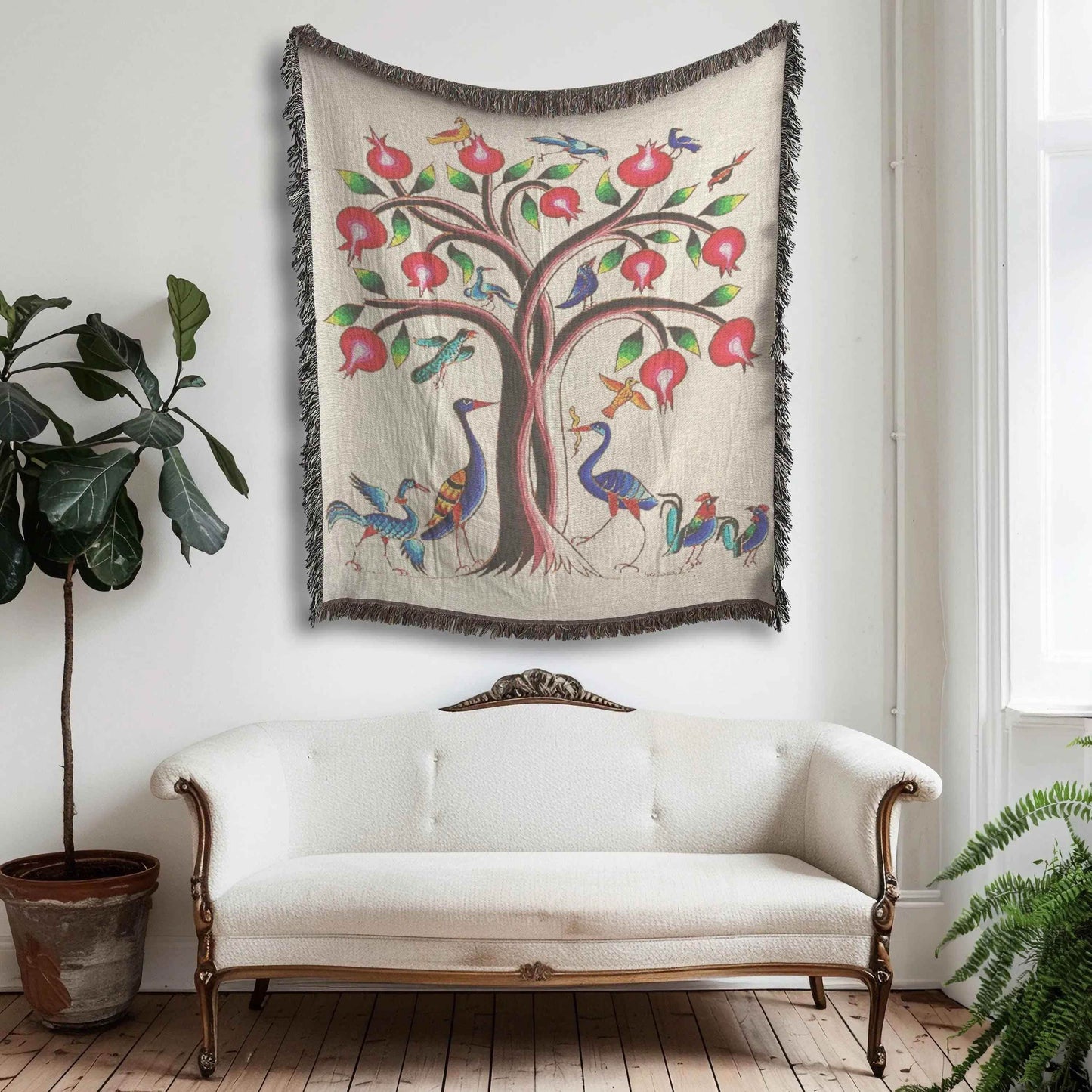 Armenian Tree of Life Blanket - Soft Cotton Woven Throw With Fringe Edge - timelessbohochic.com