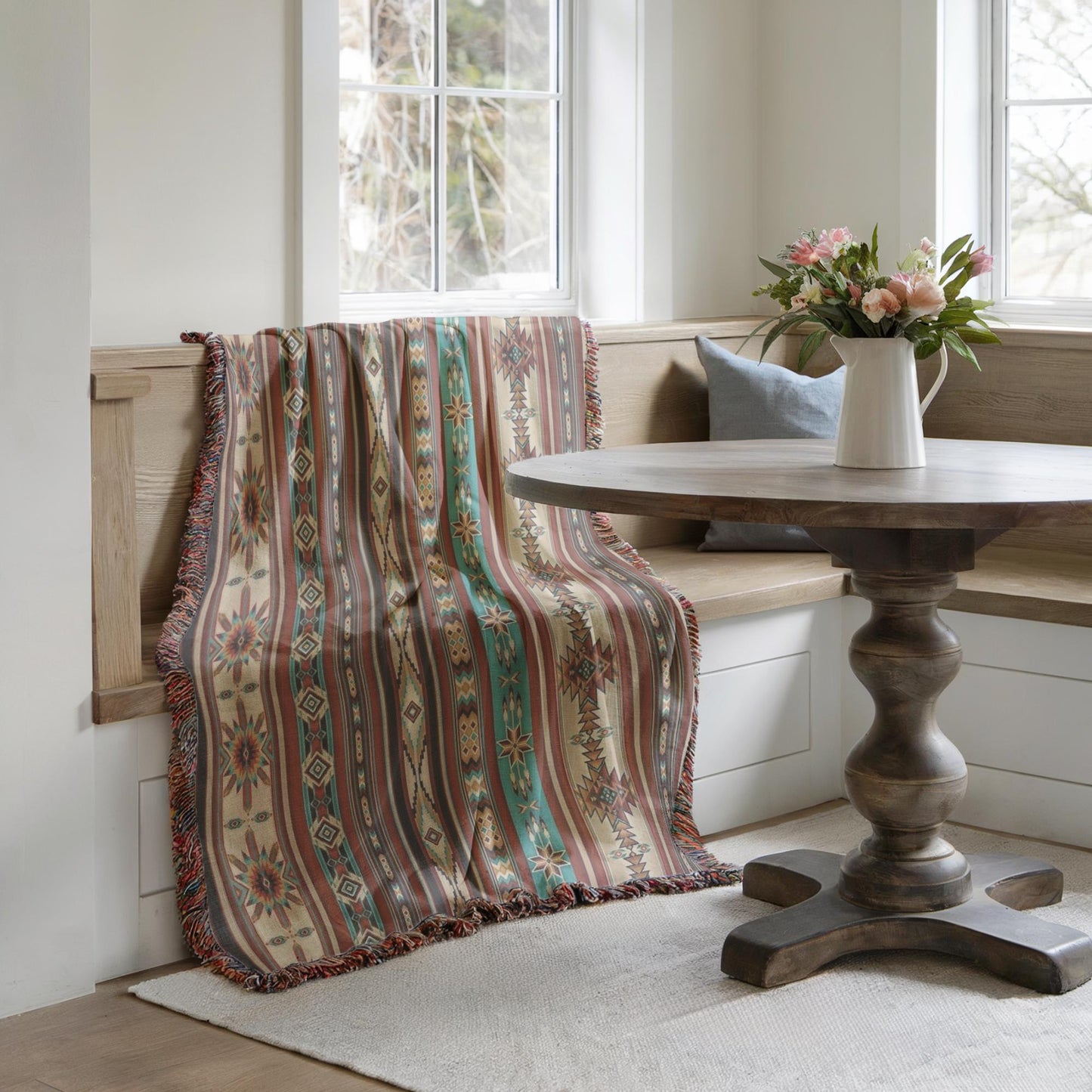 Native American Blanket – Navajo Pattern Throw With Colorful Fringed Edges