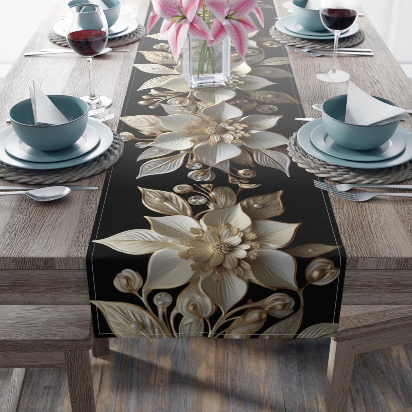 Poinsettia Table Runner - Elegant White Gold Christmas Table Decor & Dining Accent