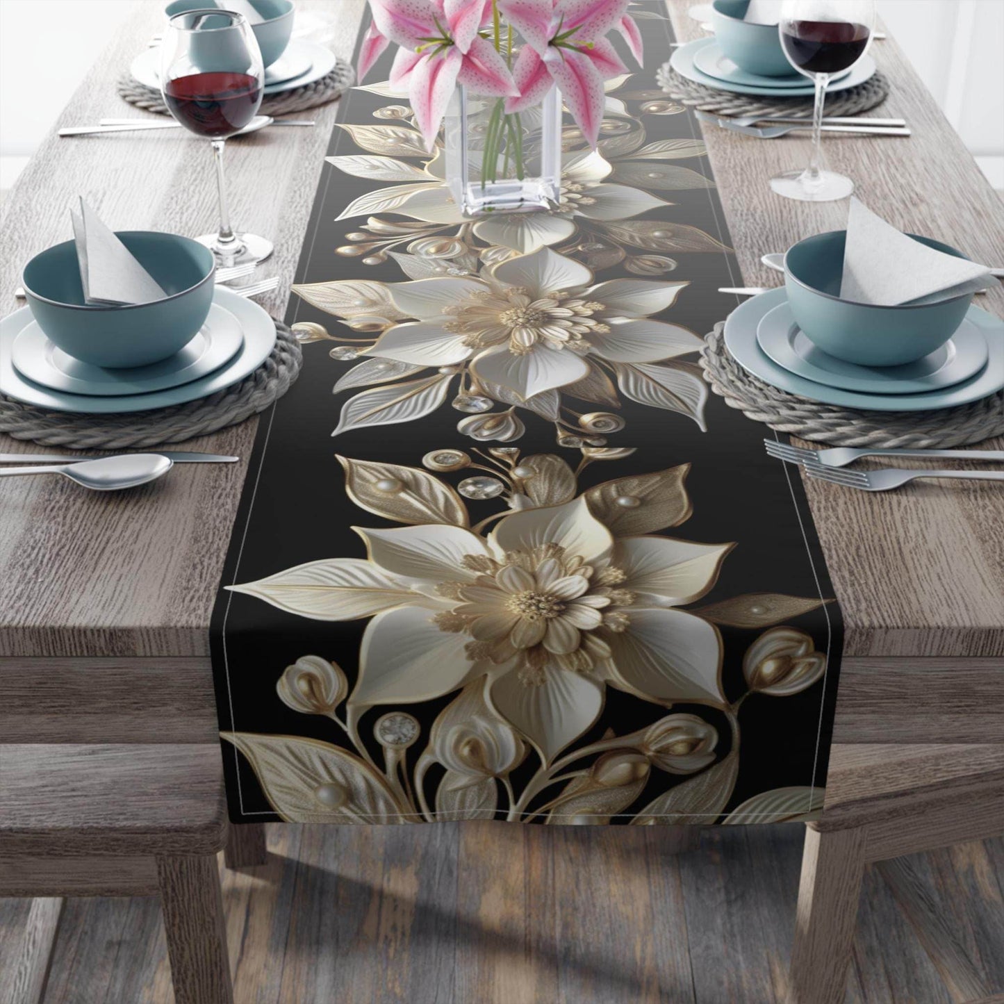 Poinsettia Table Runner - Elegant White Gold Christmas Table Decor & Dining Accent - timelessbohochic.com