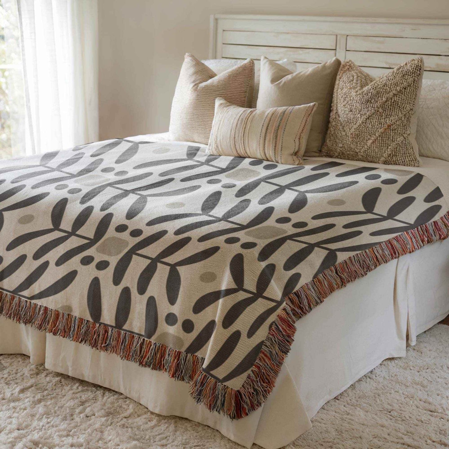 Scandinavian Woven Blanket - Cotton Throw With Textured Floral Design & Fringed Edges - timelessbohochic.com