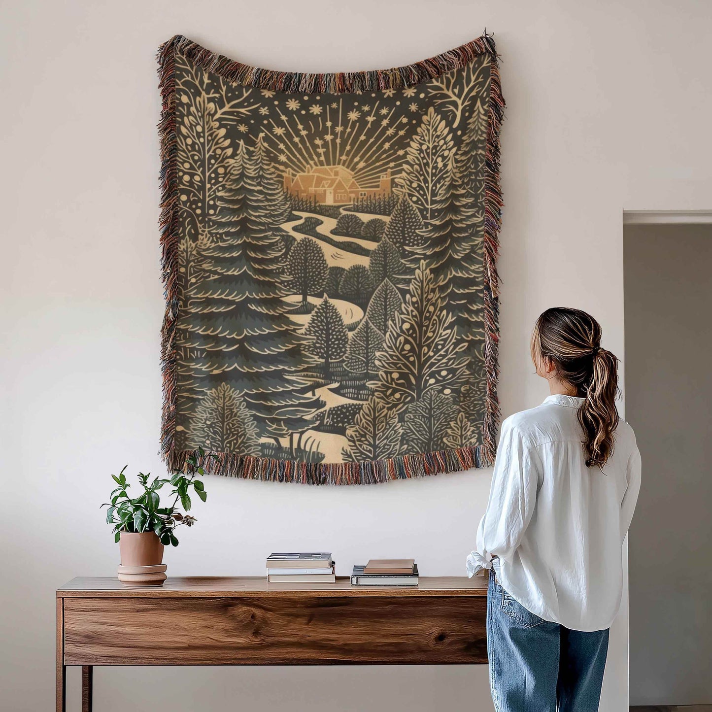 Christmas Trees Tapestry - Festive Season Gift | Cozy Cabin Decor, Woven Cotton Throw - timelessbohochic.com
