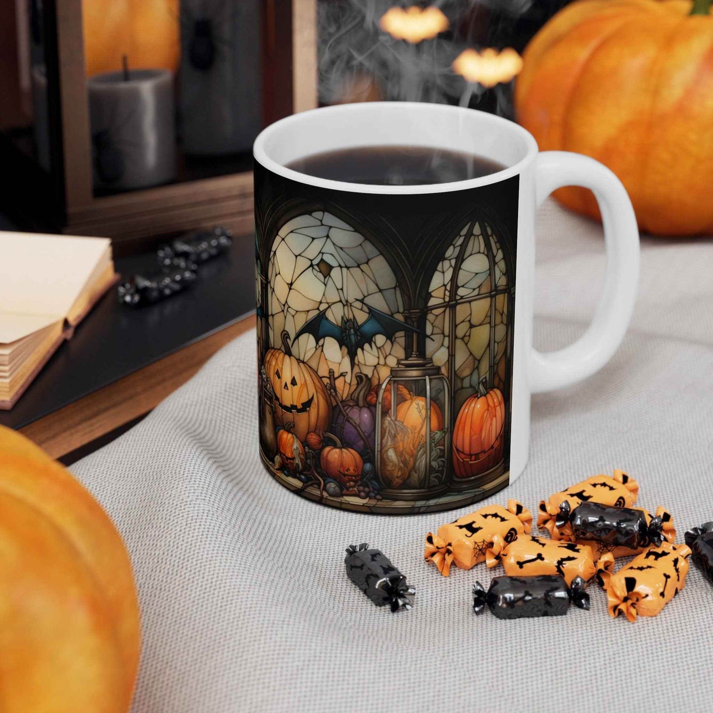 Halloween Coffee Mug - Cute Pumpkin Stained Glass Ceramic, 11oz Dishwasher Safe - timelessbohochic.com