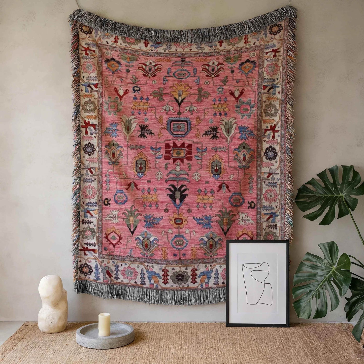 Pink Boho Throw Blanket - Woven Turkish Rug Decor with Colorful Fringe - timelessbohochic.com