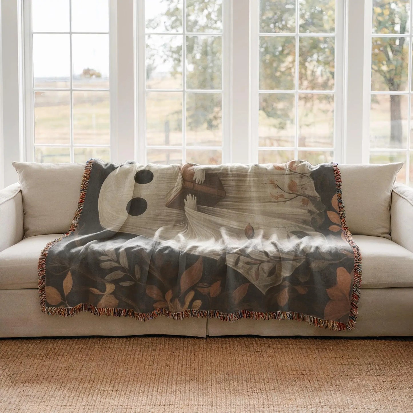 Cute Ghost Throw Blanket - Cozy Fall Cotton Woven Throw With Colorful Fringed Edges