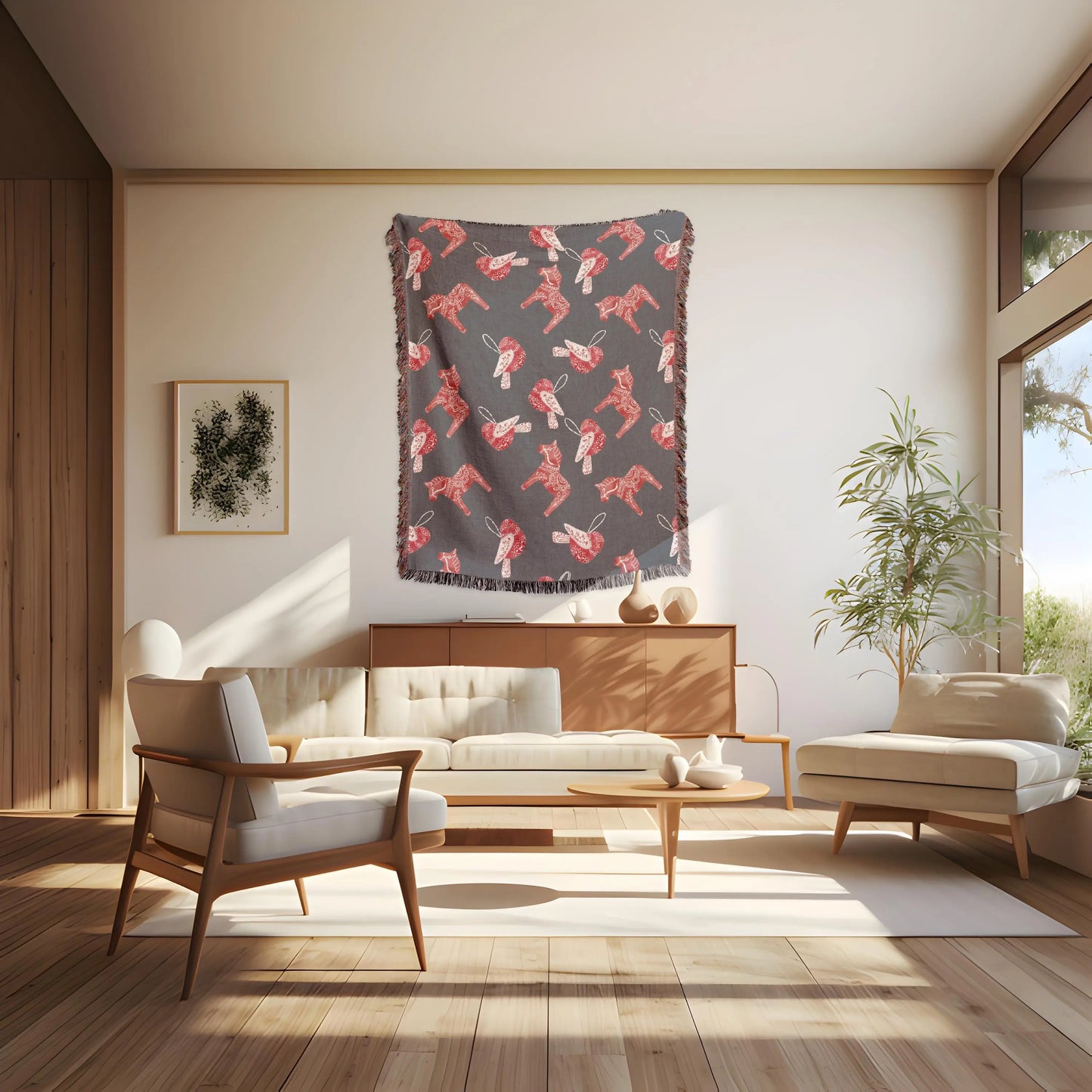 Scandi Cotton Blanket - Cozy Scandinavian Throw with Dala Horse & Bird Pattern, Fringe Edge