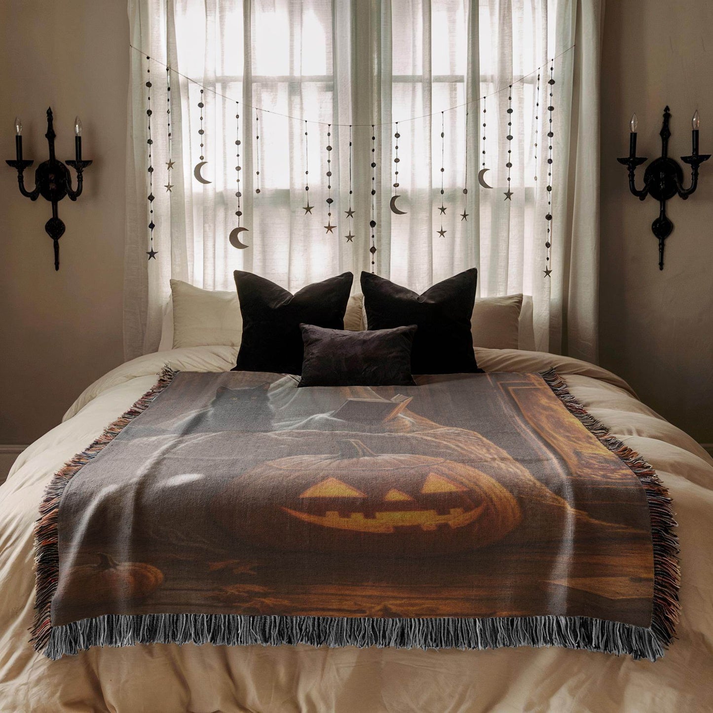 Halloween Throw Blanket - Ghost Cotton Woven Throw with Black Cat Pumpkin Design - timelessbohochic.com