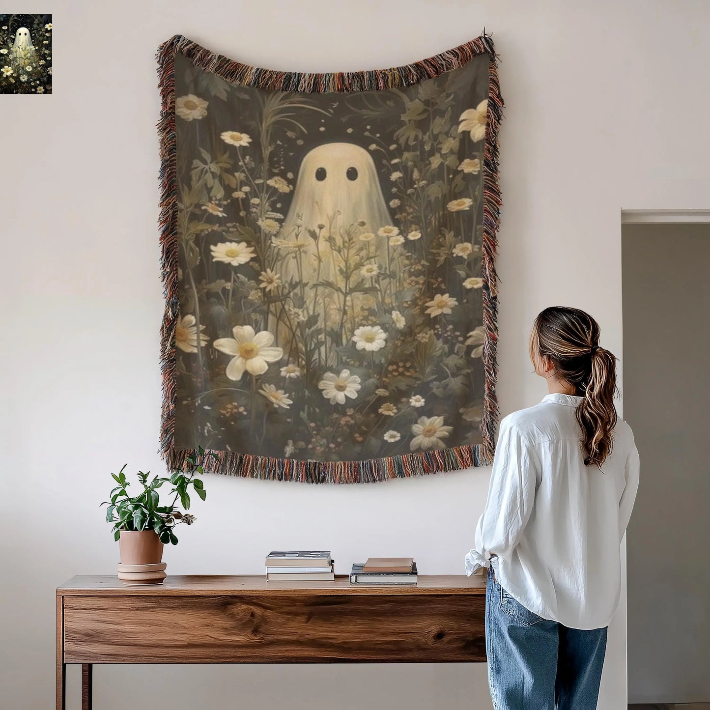 Halloween Woven Blanket - Cozy Throw With Cute Ghost Design & Floral Wildflowers