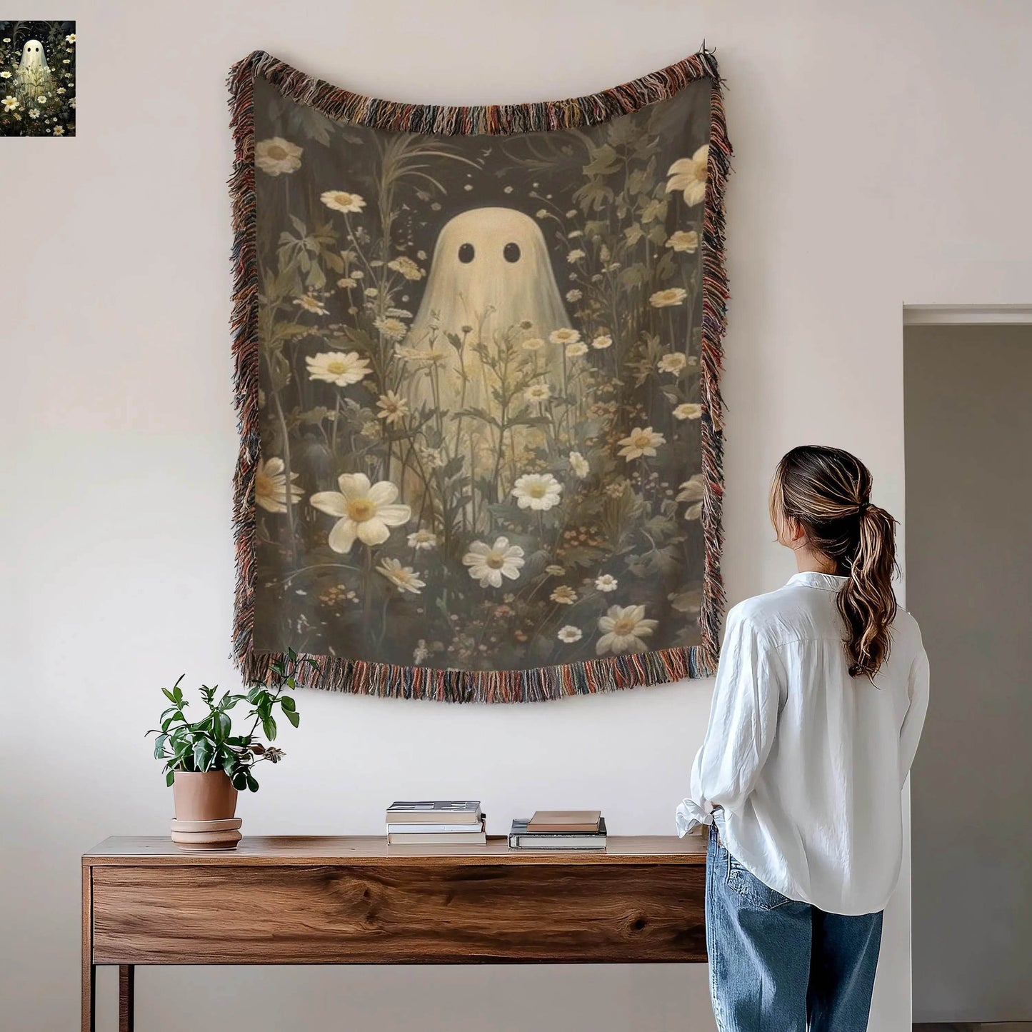 Halloween Woven Blanket - Cozy Throw With Cute Ghost Design & Floral Wildflowers - timelessbohochic.com