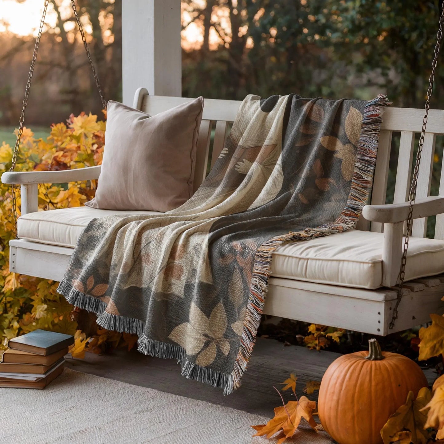 Cute Ghost Blanket – Cozy Fall Throw With Soft Cotton Woven Fabric & Colorful Fringed Edges